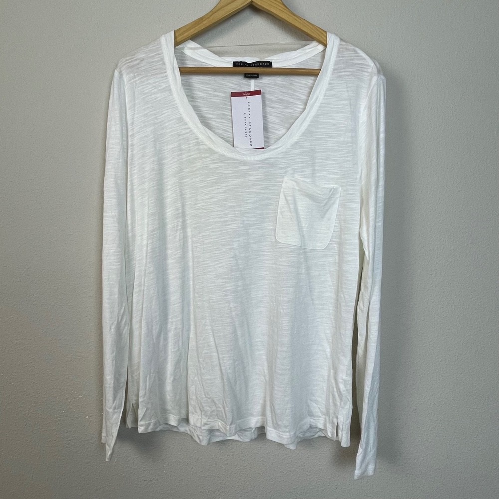 Social Standard by Sanctuary White Dylan Scoop Tee Long Sleeve Pocket Top XLarge